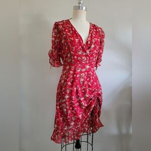 Red floral dress with short sleeves, ruffles, gathers
